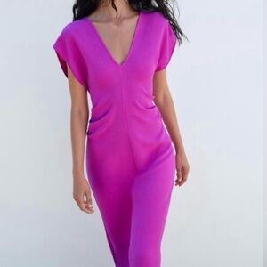 Zara Flowy Gathered Dress Fuchsia